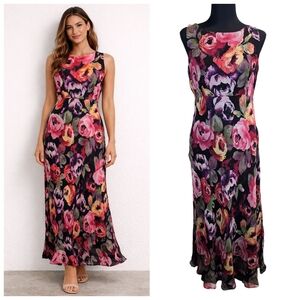Coldwater Creek Dark Floral Silk Maxi Dress 6 Dark Romantic Empire Waist Roses